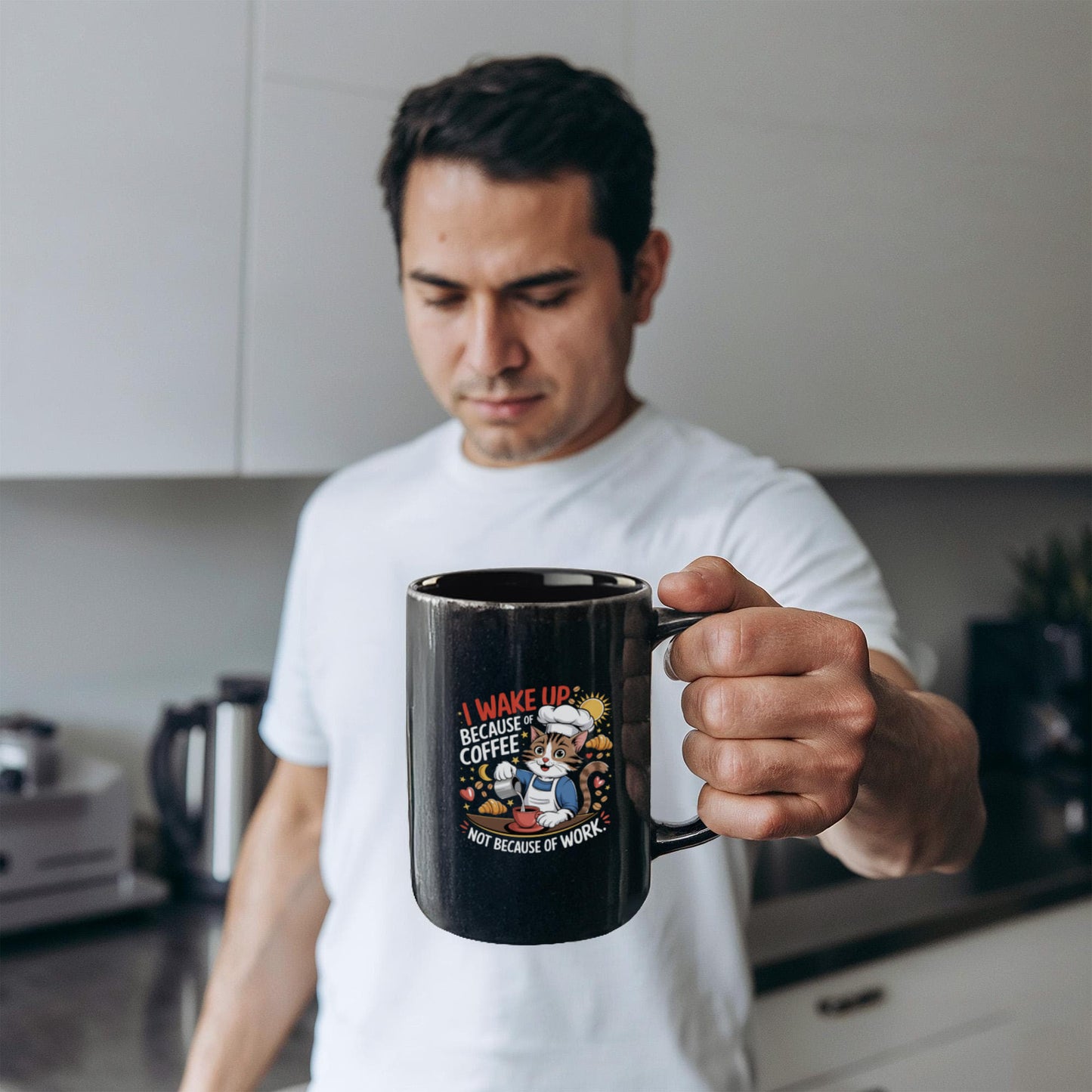 I Wake Up Because Of Coffee Not Because Of Work. - Black Ceramic Mug 11oz. & 15oz. - Gift for Her - Gift for Him