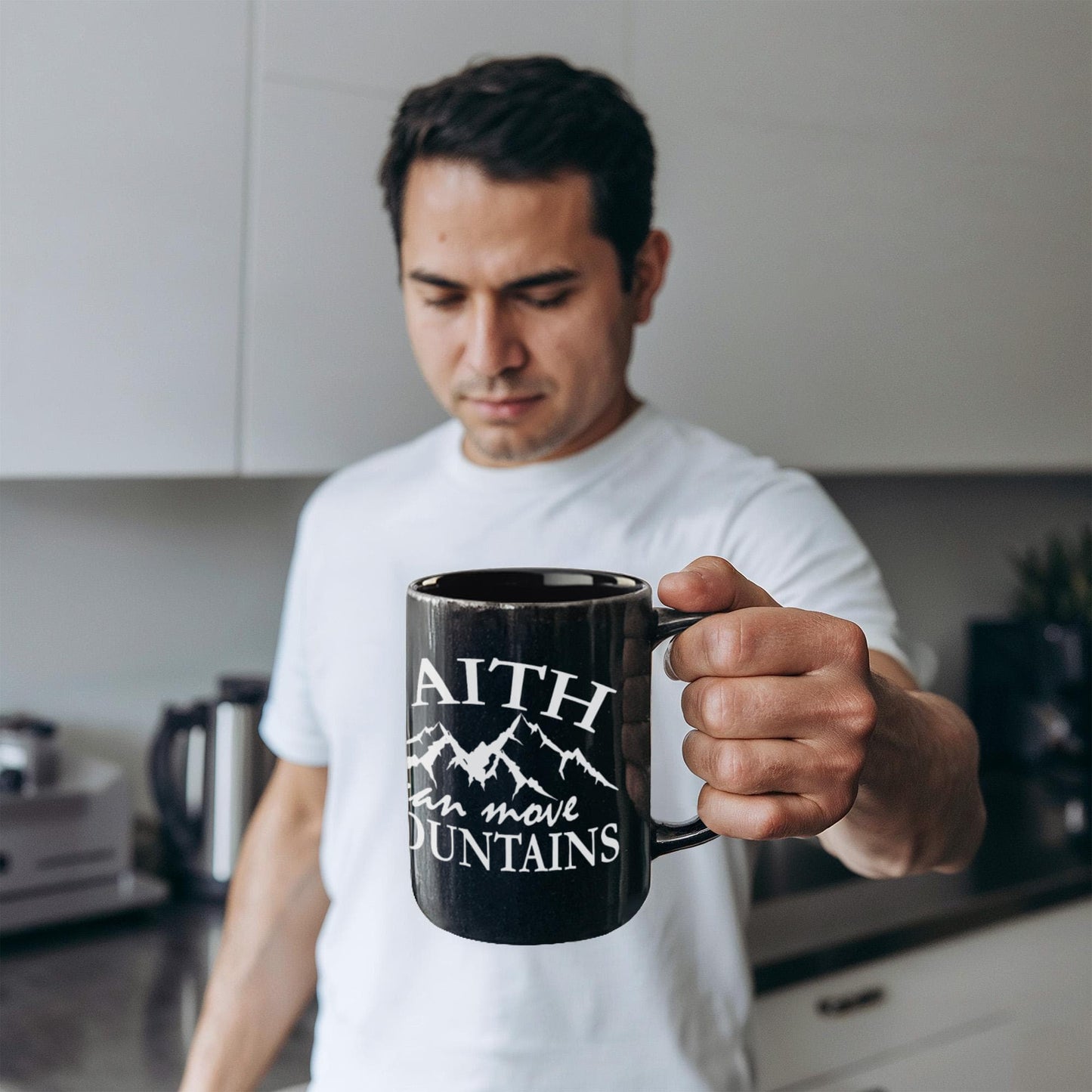 Faith Can Move Mountains - Black Ceramic Mug - Gift for Her - Gift for Him