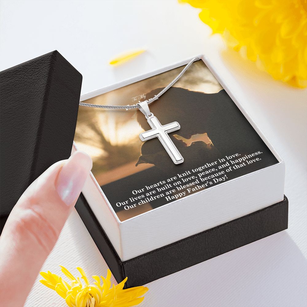 To My Husband, Our Hearts Are Knit Together In Love - Happy Father's Day - Artisan Crafted Stainless Cross Necklace - Gift for Husband