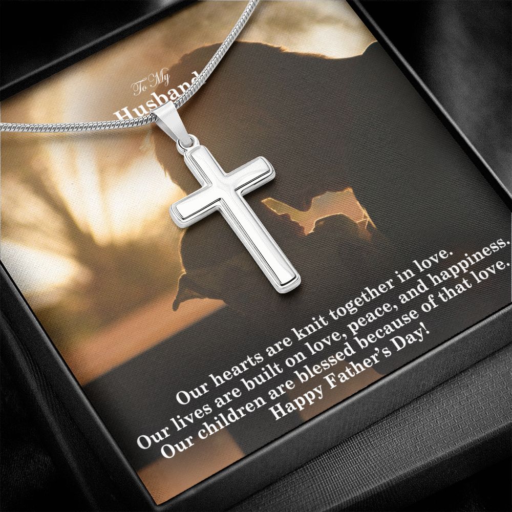 To My Husband, Our Hearts Are Knit Together In Love - Happy Father's Day - Artisan Crafted Stainless Cross Necklace - Gift for Husband