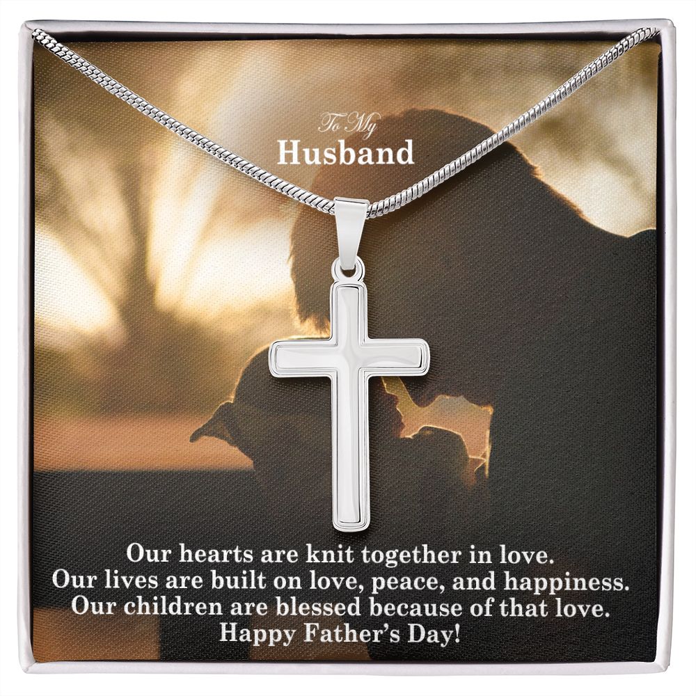 To My Husband, Our Hearts Are Knit Together In Love - Happy Father's Day - Artisan Crafted Stainless Cross Necklace - Gift for Husband