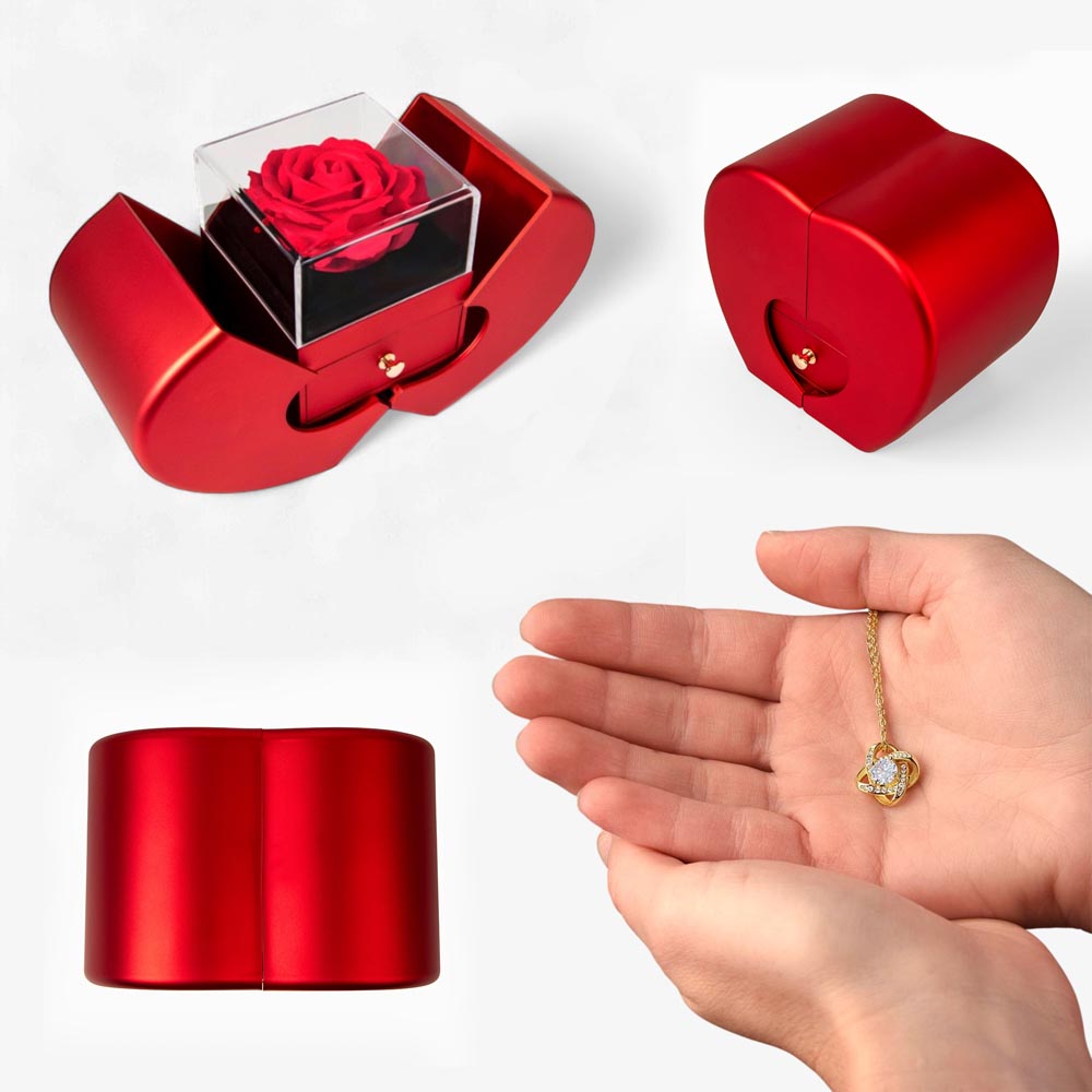 Love Knot Necklace and Red Heart Rose Box Gift Set - Gift for Her