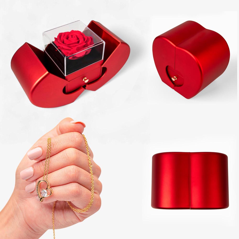 Forever Love Necklace and Red Heart Rose Box Gift Set - Gift for Her