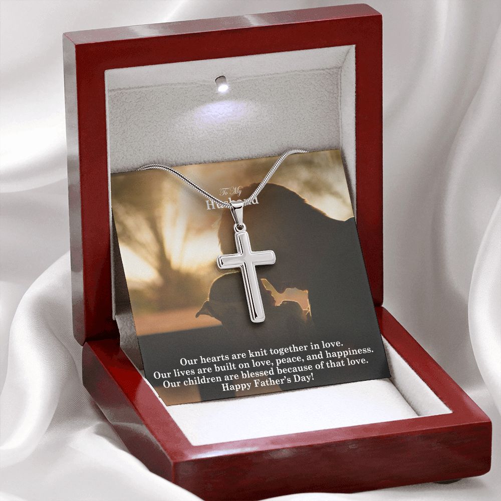 To My Husband, Our Hearts Are Knit Together In Love - Happy Father's Day - Artisan Crafted Stainless Cross Necklace - Gift for Husband