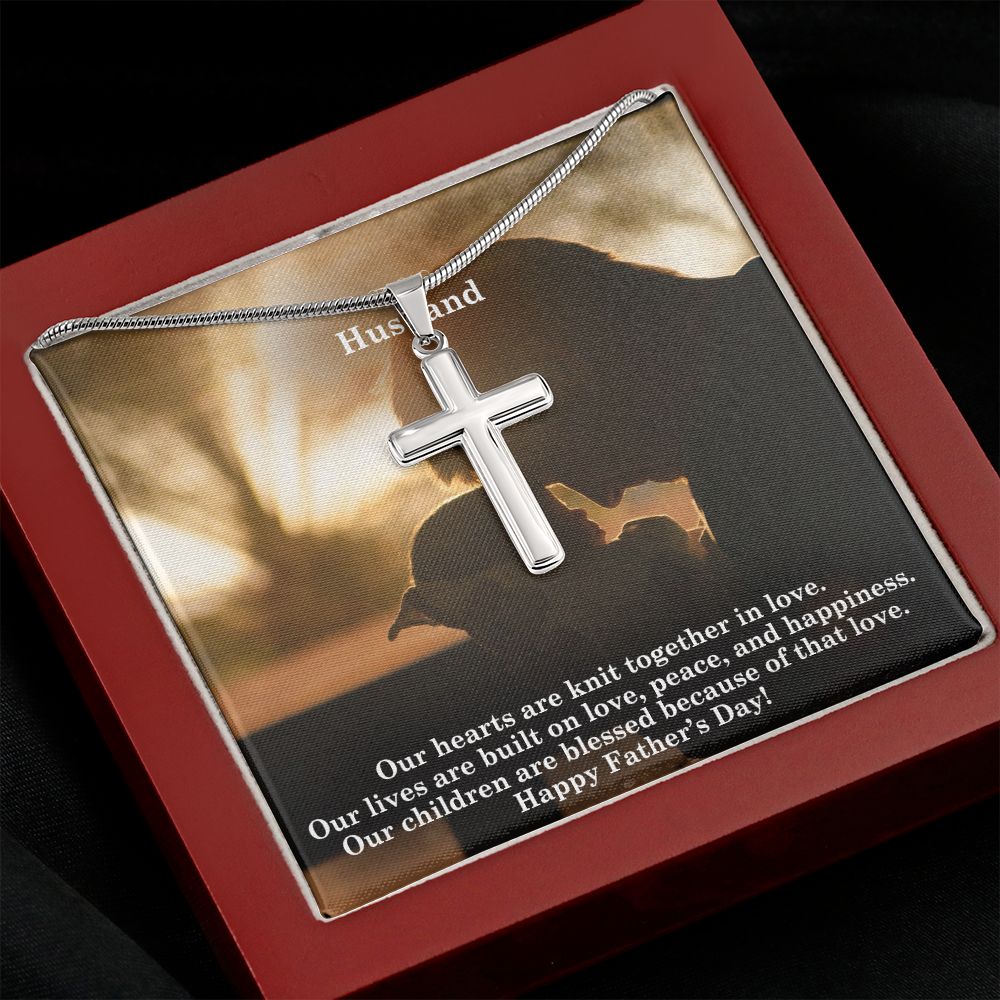 To My Husband, Our Hearts Are Knit Together In Love - Happy Father's Day - Artisan Crafted Stainless Cross Necklace - Gift for Husband