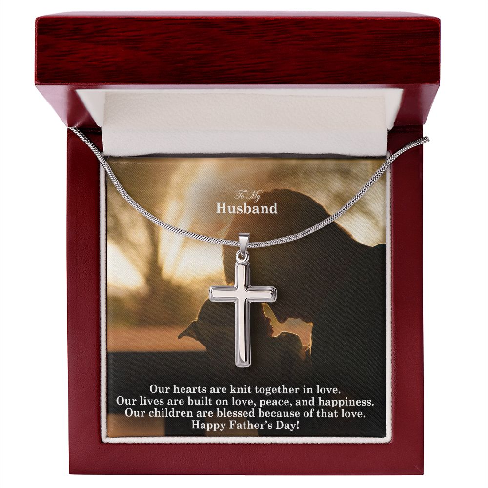 To My Husband, Our Hearts Are Knit Together In Love - Happy Father's Day - Artisan Crafted Stainless Cross Necklace - Gift for Husband