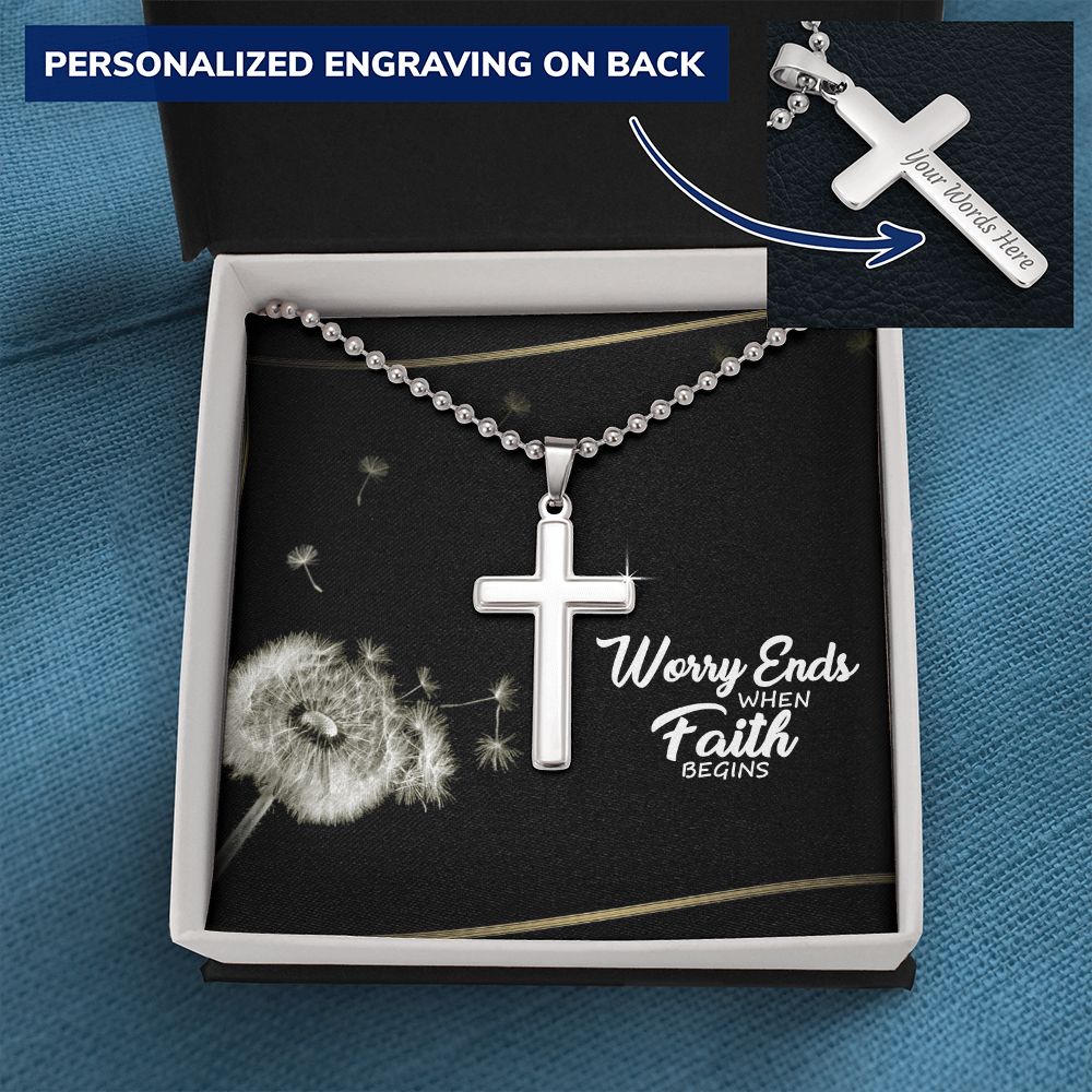 Worry Ends When Faith Begins - Personalized Cross Necklace - Gift for Him - Gift for Her