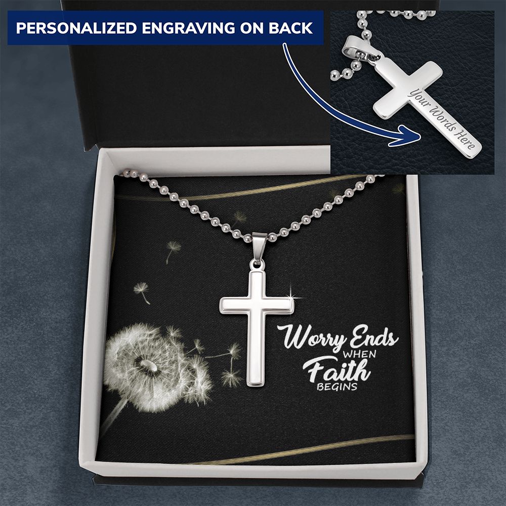 Worry Ends When Faith Begins - Personalized Cross Necklace - Gift for Him - Gift for Her