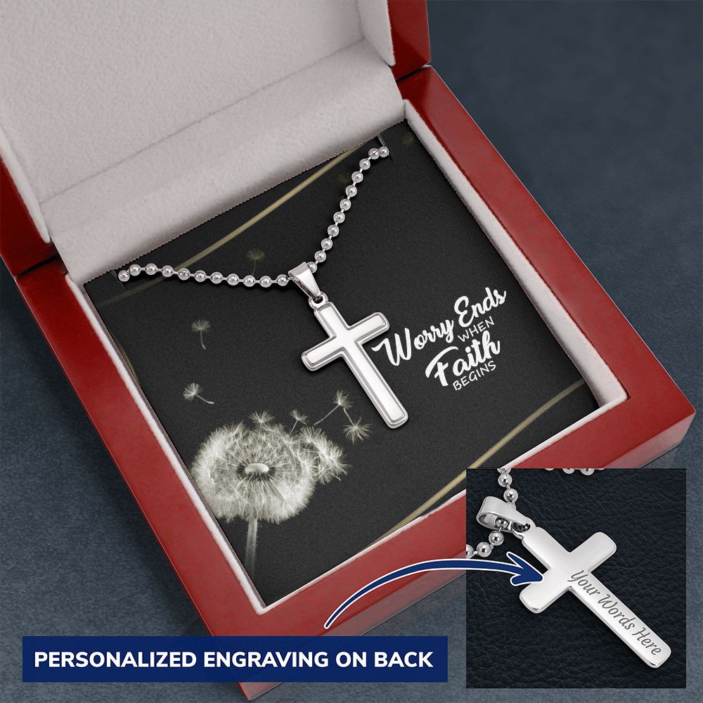 Worry Ends When Faith Begins - Personalized Cross Necklace - Gift for Him - Gift for Her