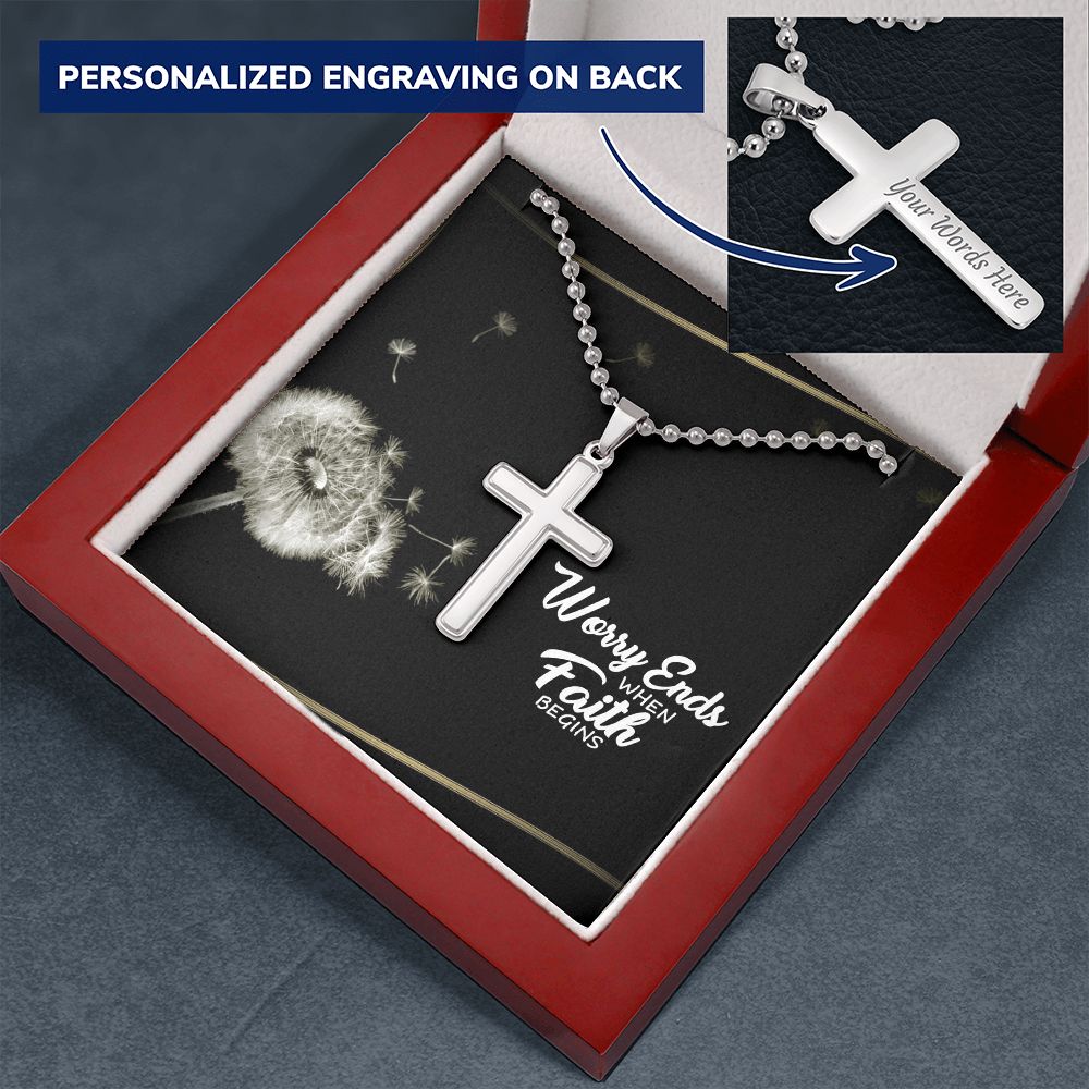Worry Ends When Faith Begins - Personalized Cross Necklace - Gift for Him - Gift for Her