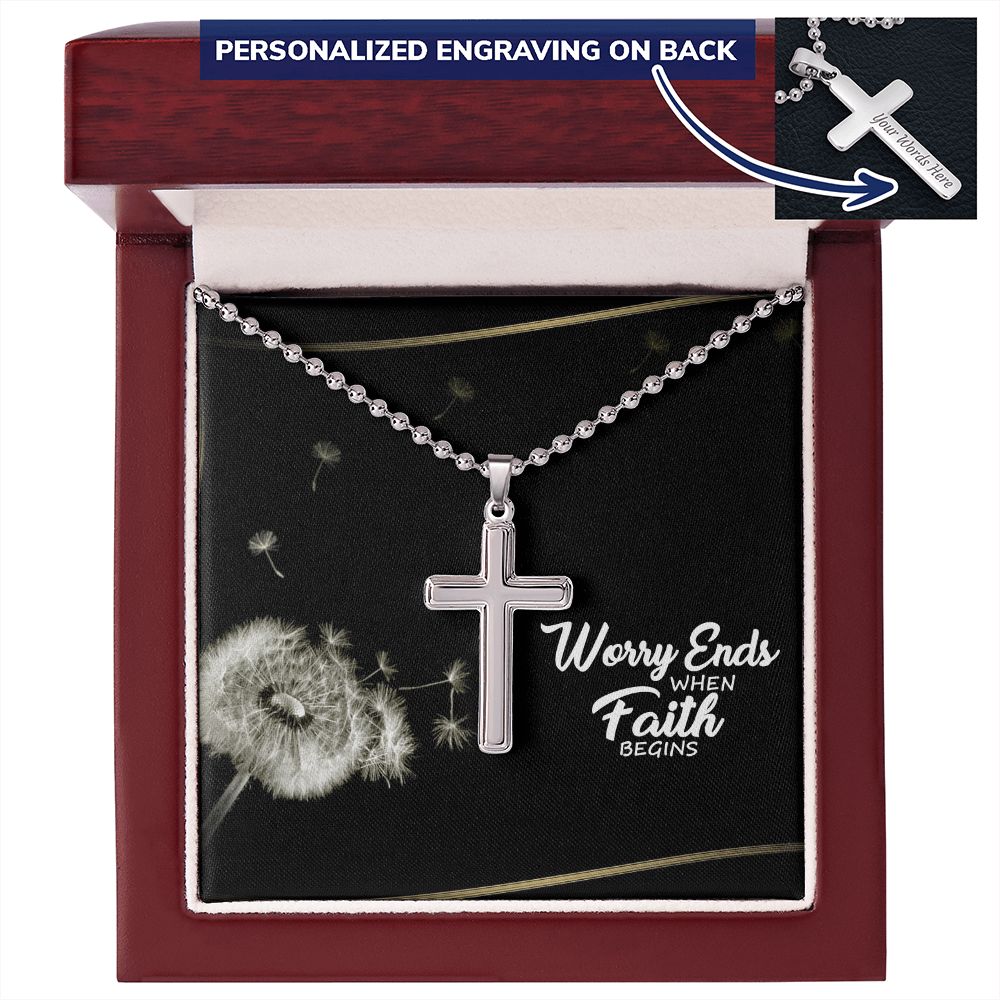 Worry Ends When Faith Begins - Personalized Cross Necklace - Gift for Him - Gift for Her