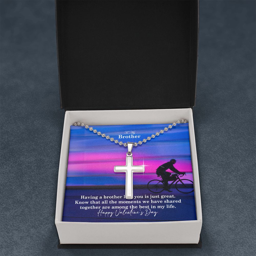 To My Brother, Having A Brother Like You Is Just Great - Stainless Cross Necklace w/ Ball Chain - Gift for Brother