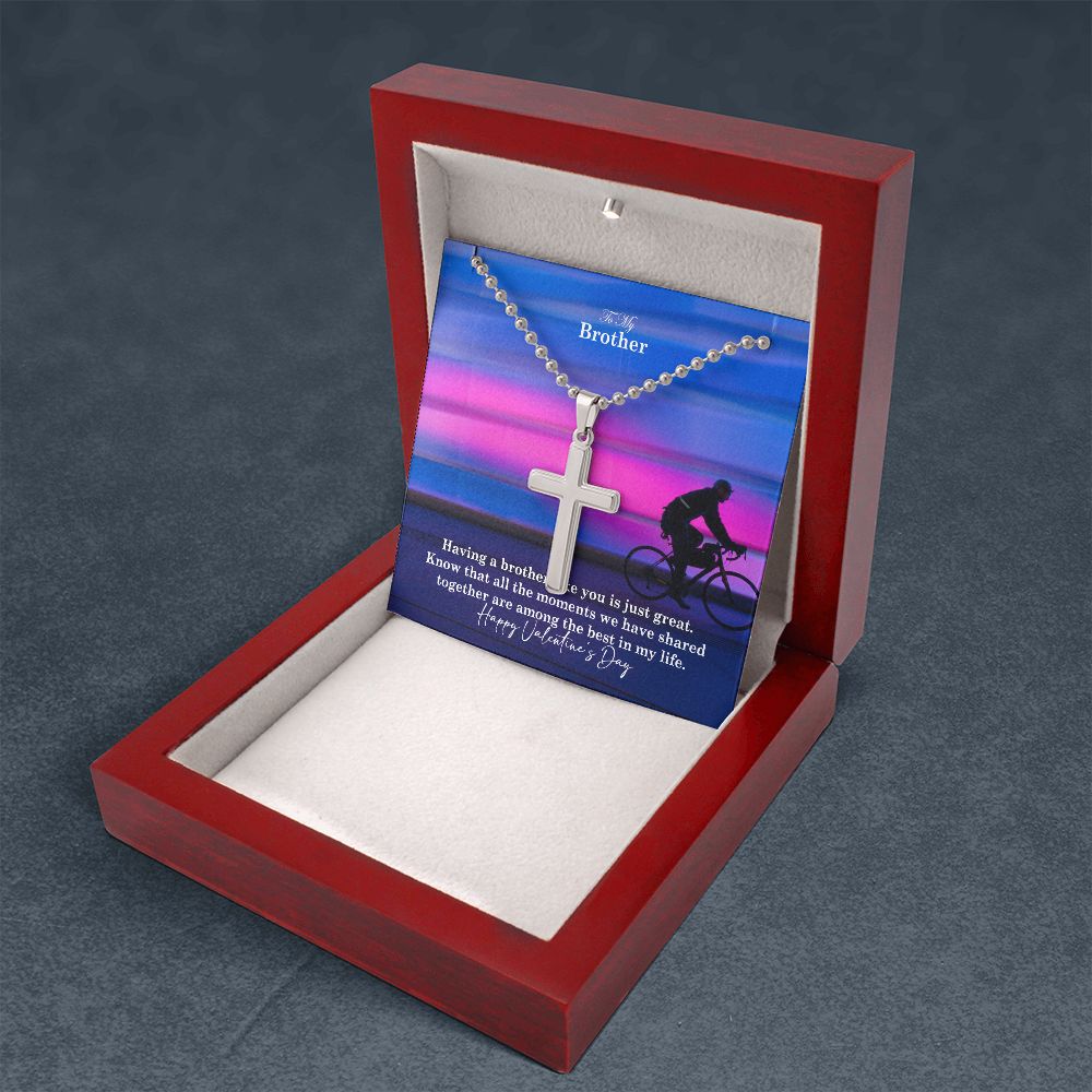 To My Brother, Having A Brother Like You Is Just Great - Stainless Cross Necklace w/ Ball Chain - Gift for Brother