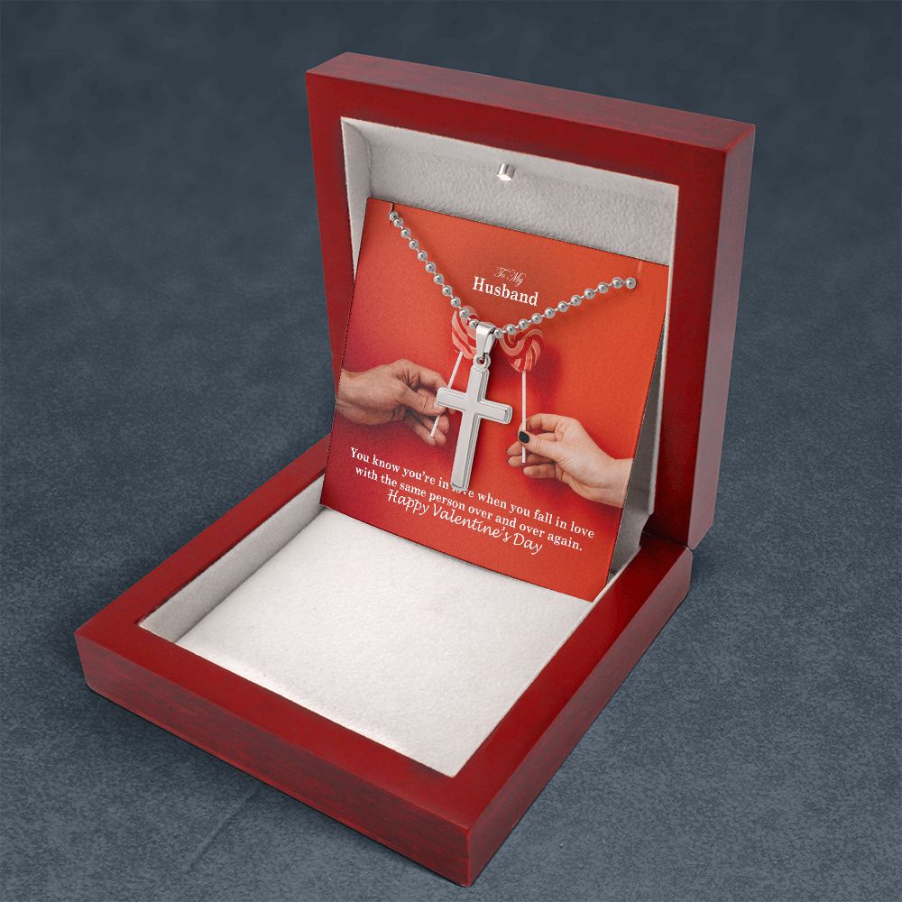 To My Husband, You Know You're In Love When You Fall In Love With The Same Person Over & Over Again - Stainless Cross Necklace w/ Ball Chain - Gift for Husband