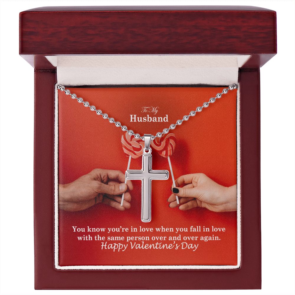 To My Husband, You Know You're In Love When You Fall In Love With The Same Person Over & Over Again - Stainless Cross Necklace w/ Ball Chain - Gift for Husband