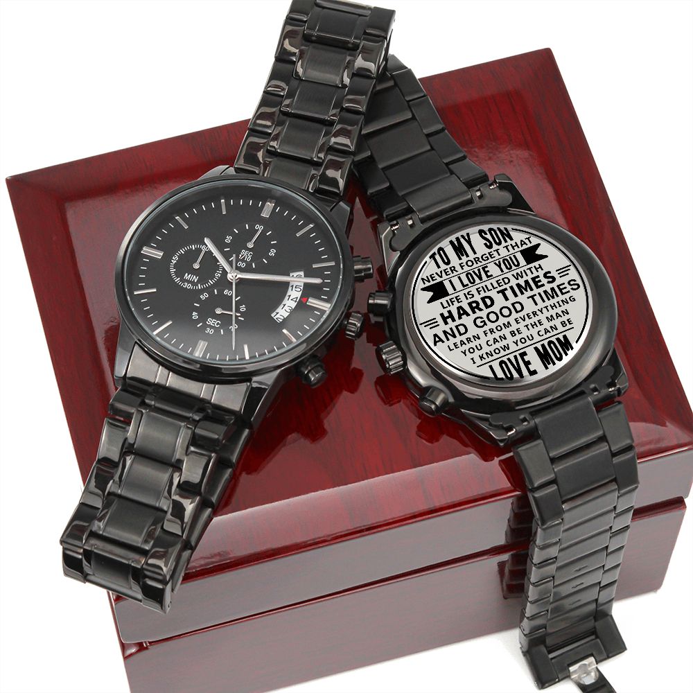 To My Son, Never Forget That I Love You - Engraved Design Black Chronograph Watch - Gift for Son