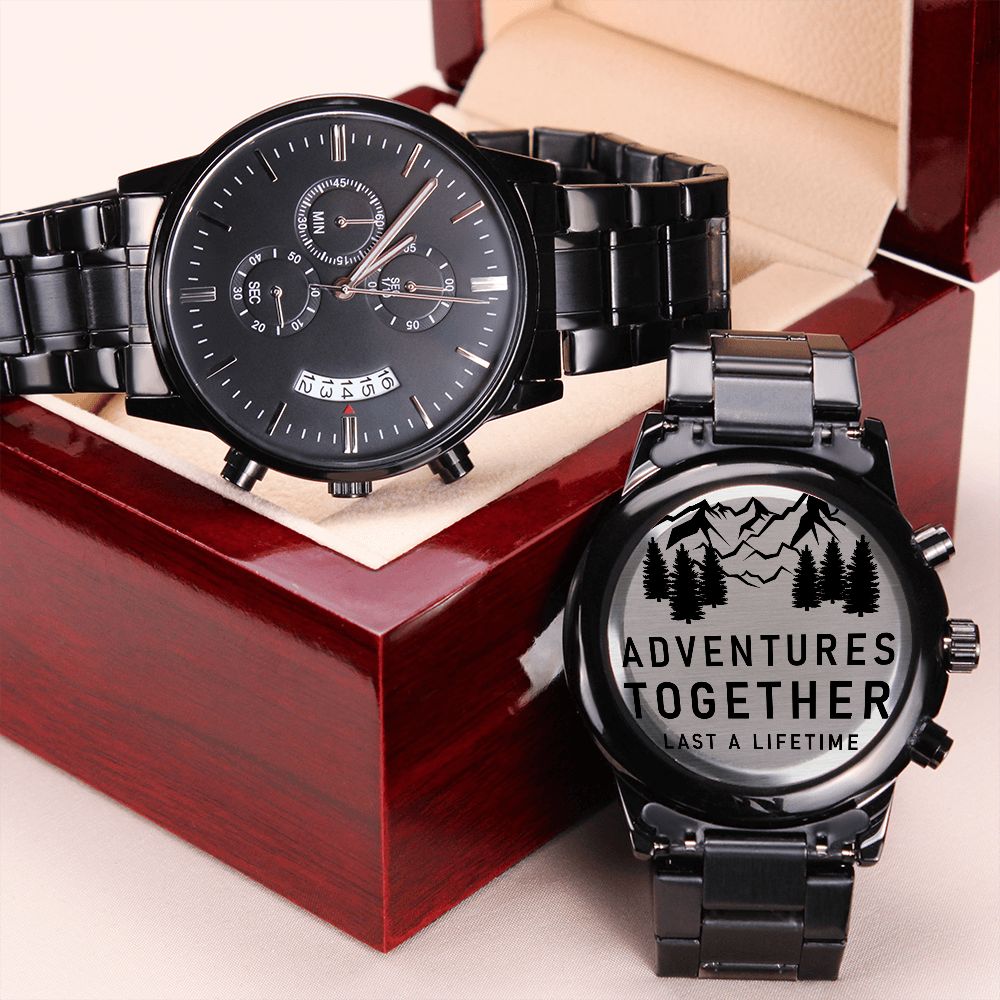 Husband, Adventures Together Last A Lifetime - Engraved Design Black Chronograph Watch - Gift for Husband