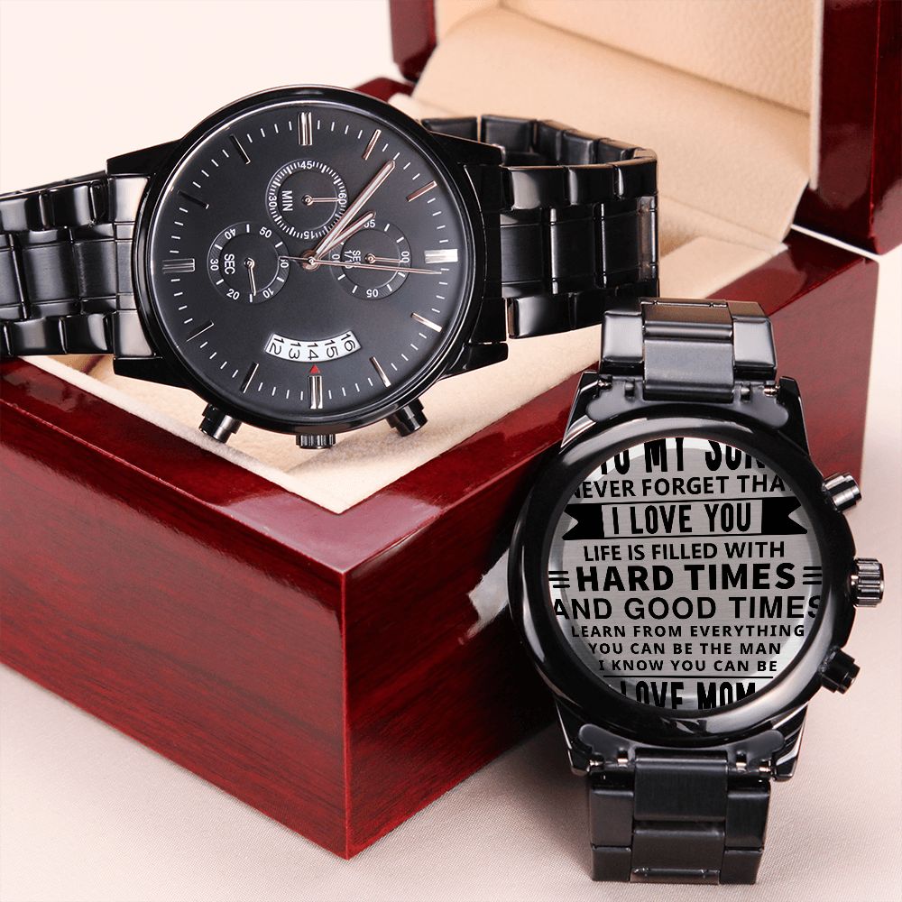 To My Son, Never Forget That I Love You - Engraved Design Black Chronograph Watch - Gift for Son