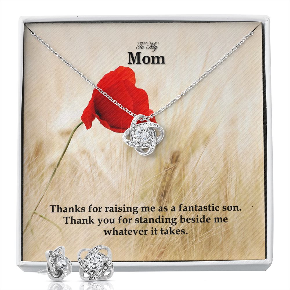 To My Mom, Thanks You For Standing Beside Me Whatever It Takes - Love Knot Earring & Necklace Set - Gift for Mom