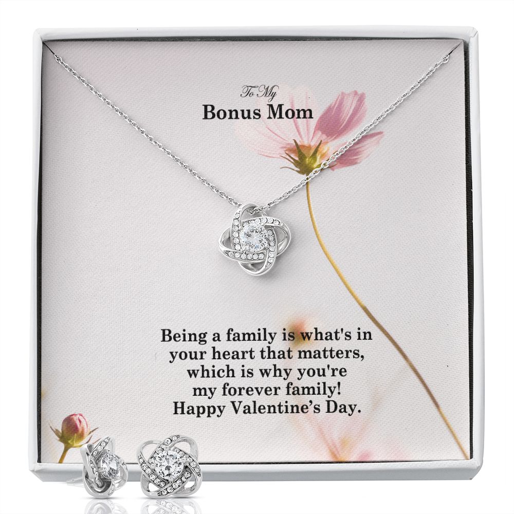 To My Bonus Mom, Being A Family Is What's In Your Heart - Love Knot Earring & Necklace Set - Gift for Mom