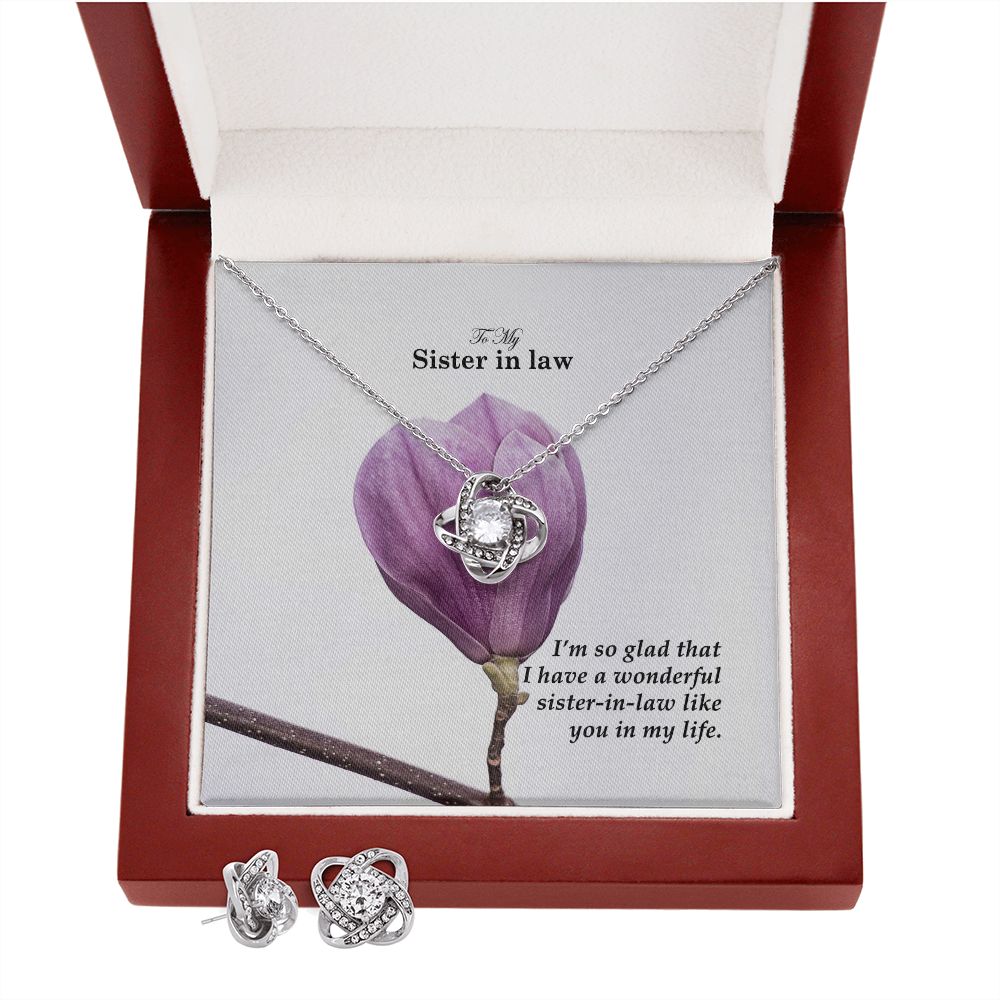 To My Sister in law, I'm So Glad That I Have A Wonderful Sister-in-law Like You In My Life - Love Knot Earring & Necklace Set - Gift for Sister in Law