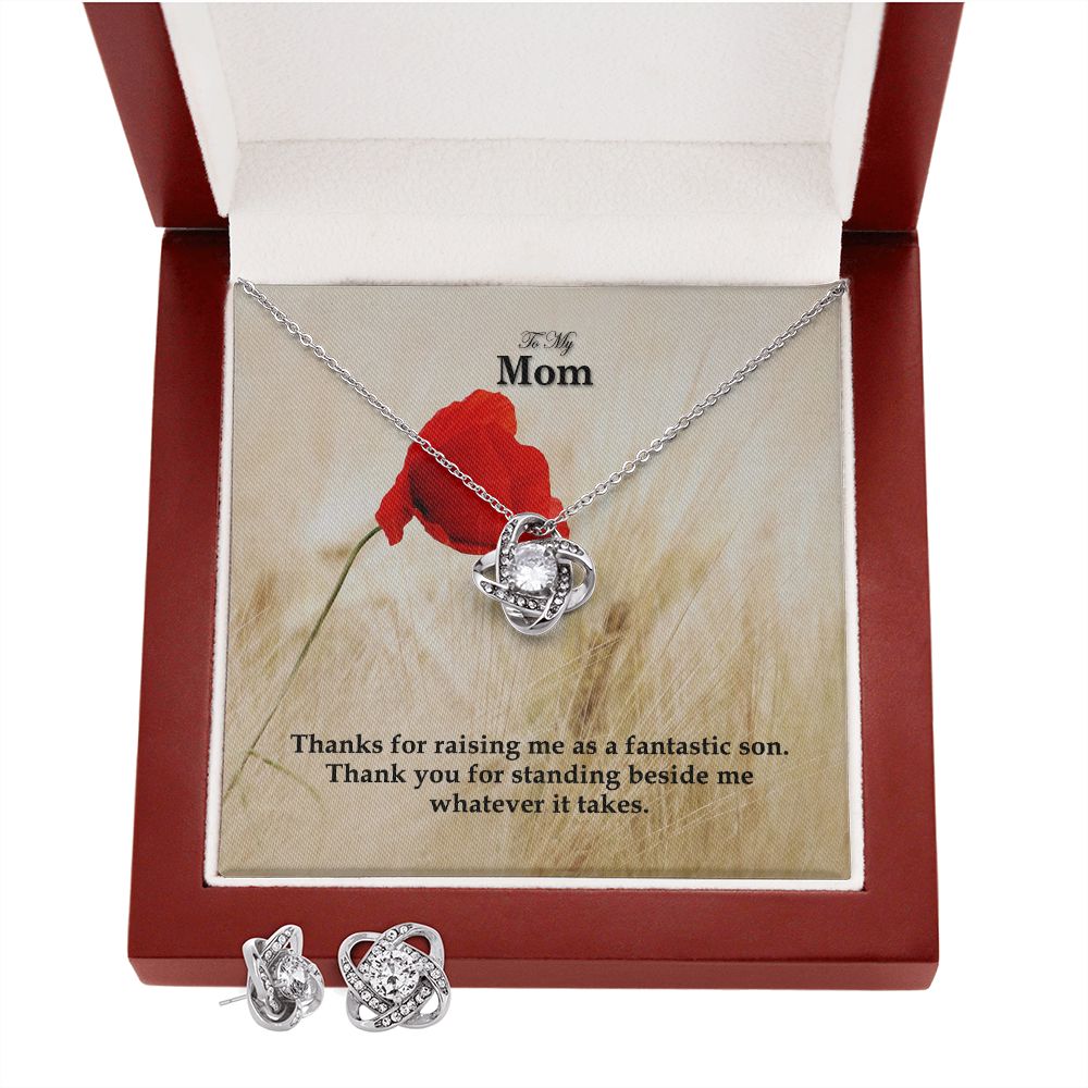 To My Mom, Thanks You For Standing Beside Me Whatever It Takes - Love Knot Earring & Necklace Set - Gift for Mom