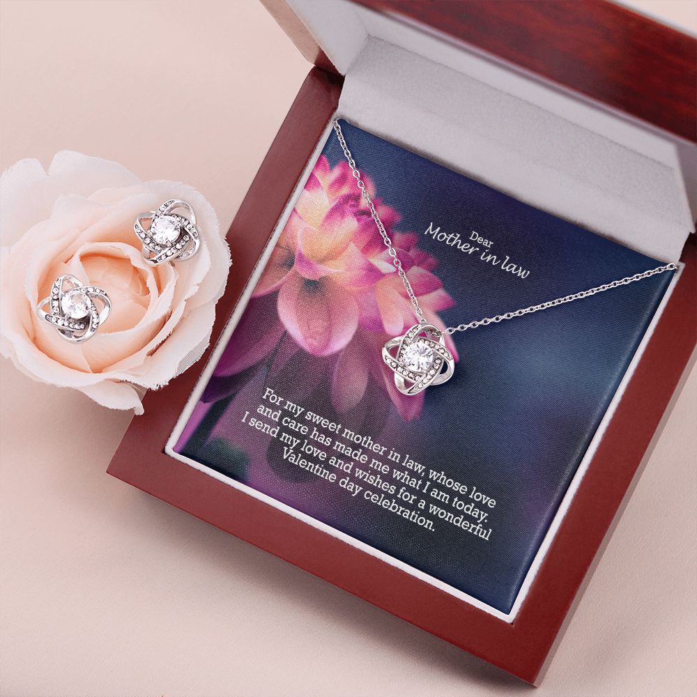 Dear Mother in law, I Send My Love & Wishes For A Wonderful Valentine Day Celebration - Love Knot Earring & Necklace Set - Gift for Mother in Law