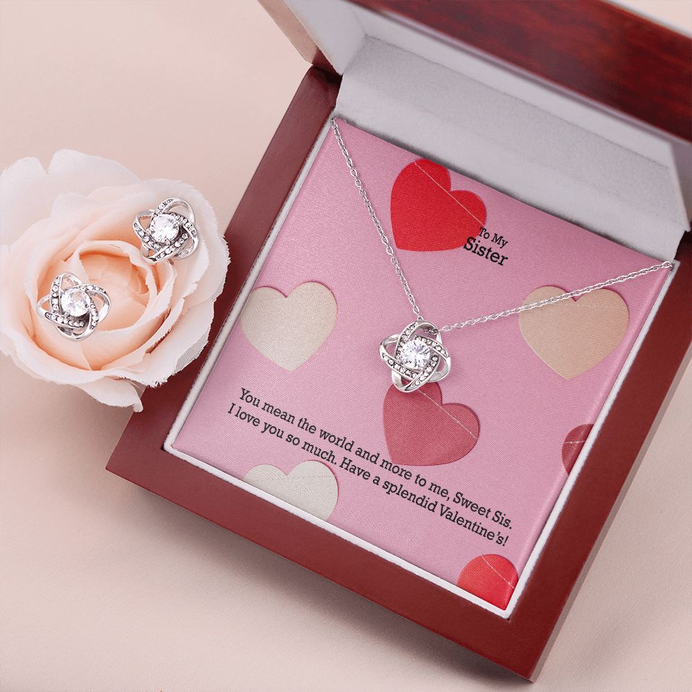 To My Sister, You Mean The World And More To Me - Love Knot Earring & Necklace Set - Gift for Sister