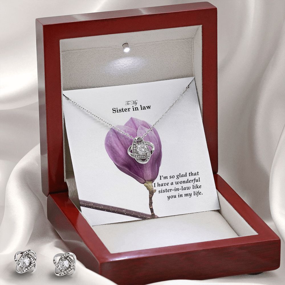 To My Sister in law, I'm So Glad That I Have A Wonderful Sister-in-law Like You In My Life - Love Knot Earring & Necklace Set - Gift for Sister in Law
