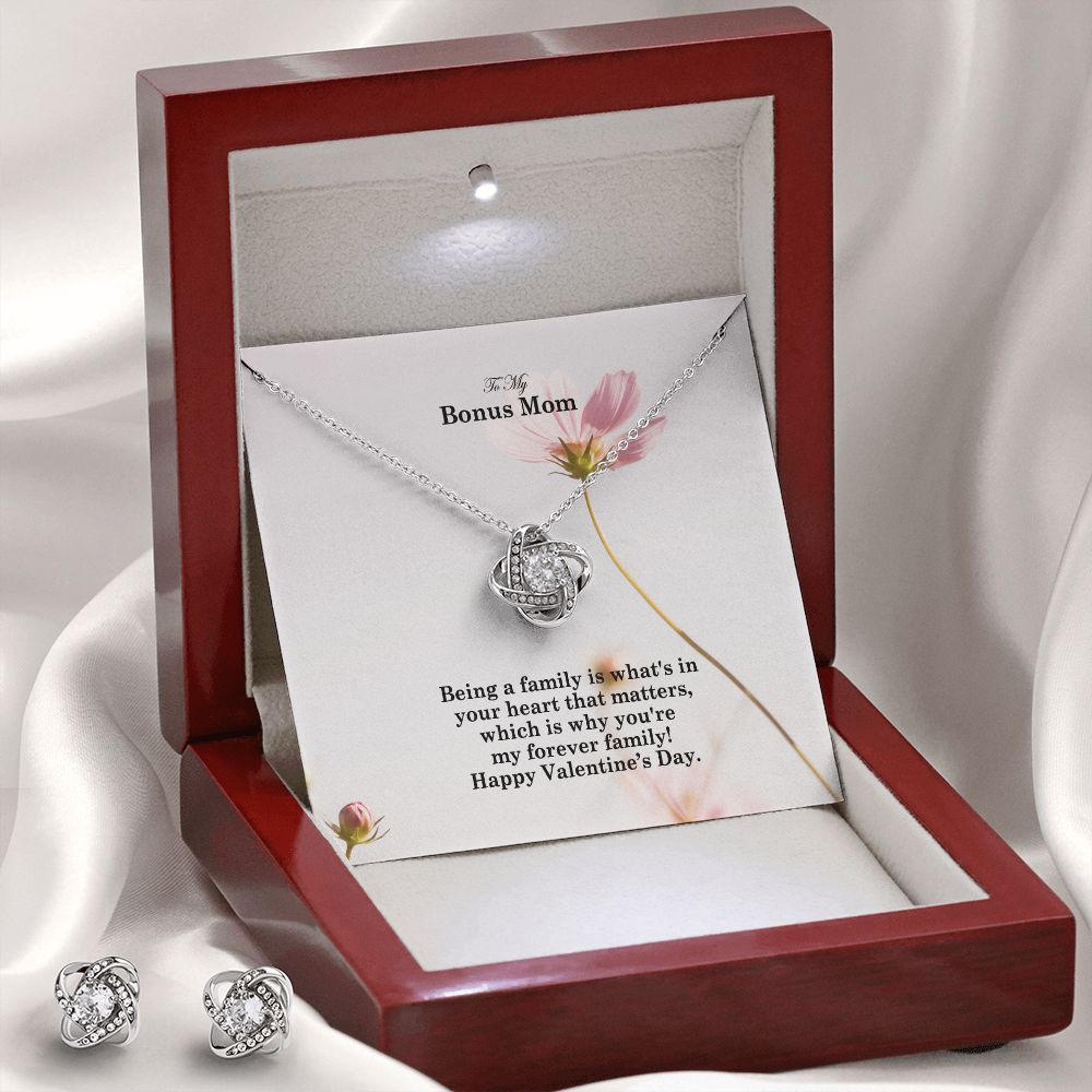 To My Bonus Mom, Being A Family Is What's In Your Heart - Love Knot Earring & Necklace Set - Gift for Mom