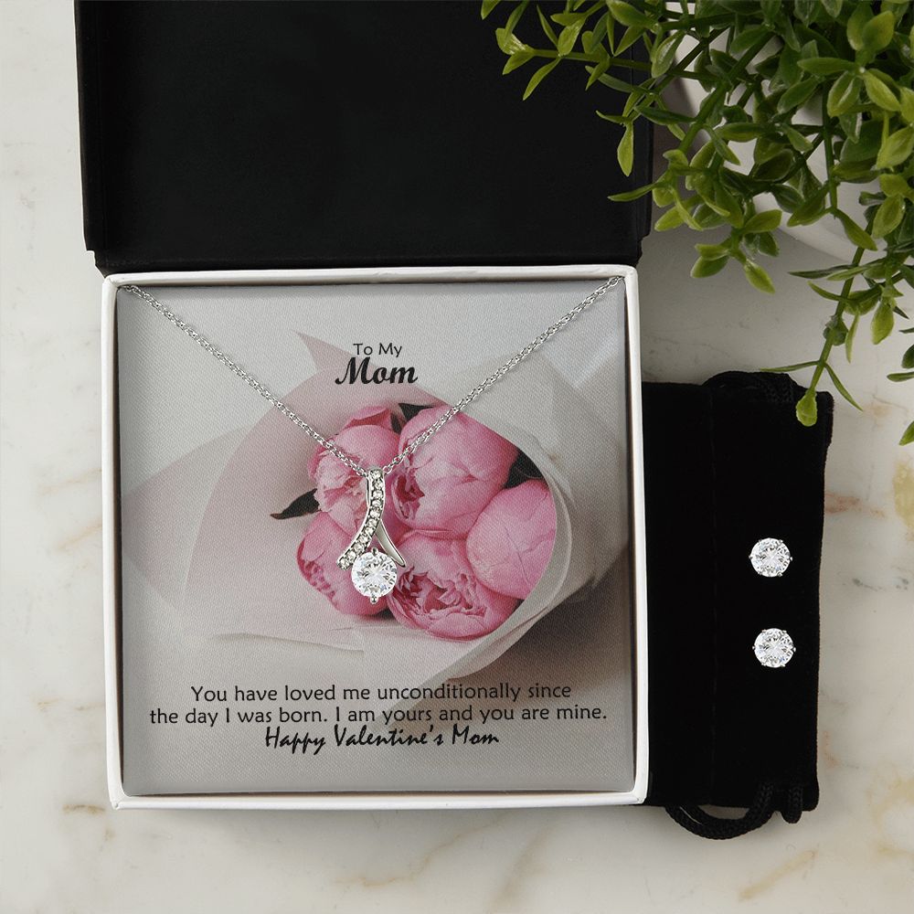 To My Mom, You Have Loved Me Unconditionally Since The Day I Was Born, Happy Valentine's Day - Alluring Beauty Necklace & Clear CZ Earrings - Gift for Mom