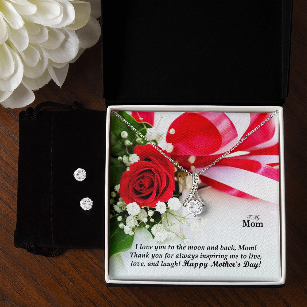 I Love You To The Moon & Back, Mom! Happy Mother's Day - Alluring Beauty Necklace & Clear CZ Earrings - Gift for Mom