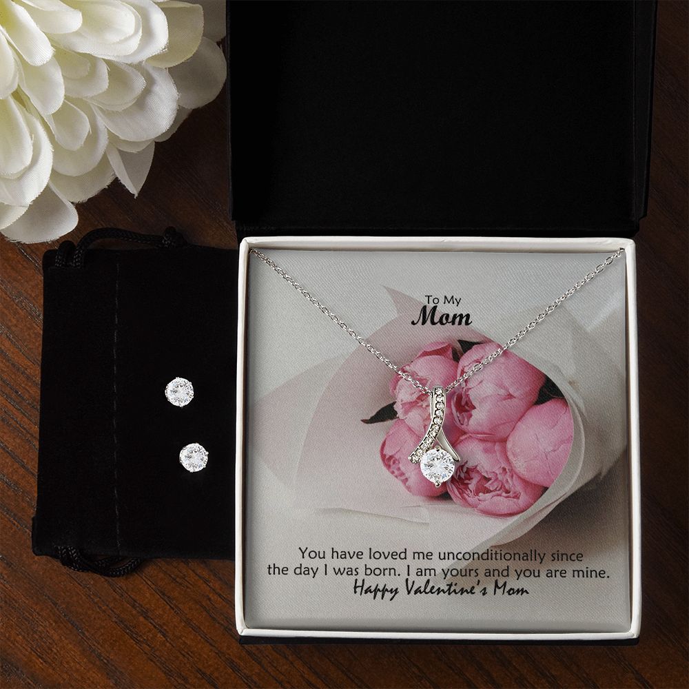 To My Mom, You Have Loved Me Unconditionally Since The Day I Was Born, Happy Valentine's Day - Alluring Beauty Necklace & Clear CZ Earrings - Gift for Mom