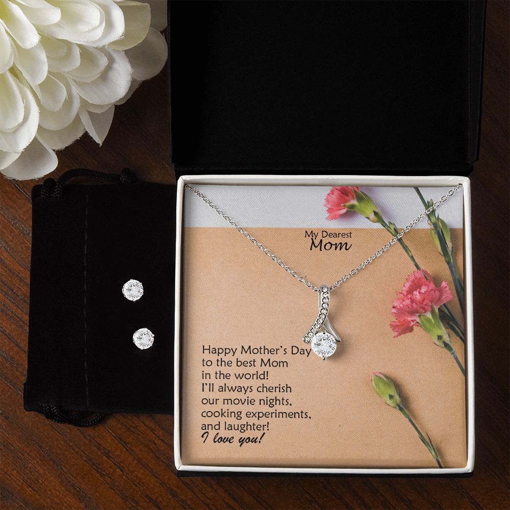 Happy Mother's Day To The Best Mom In The World! I Love You - Alluring Beauty Necklace & Clear CZ Earrings - Gift for Mom