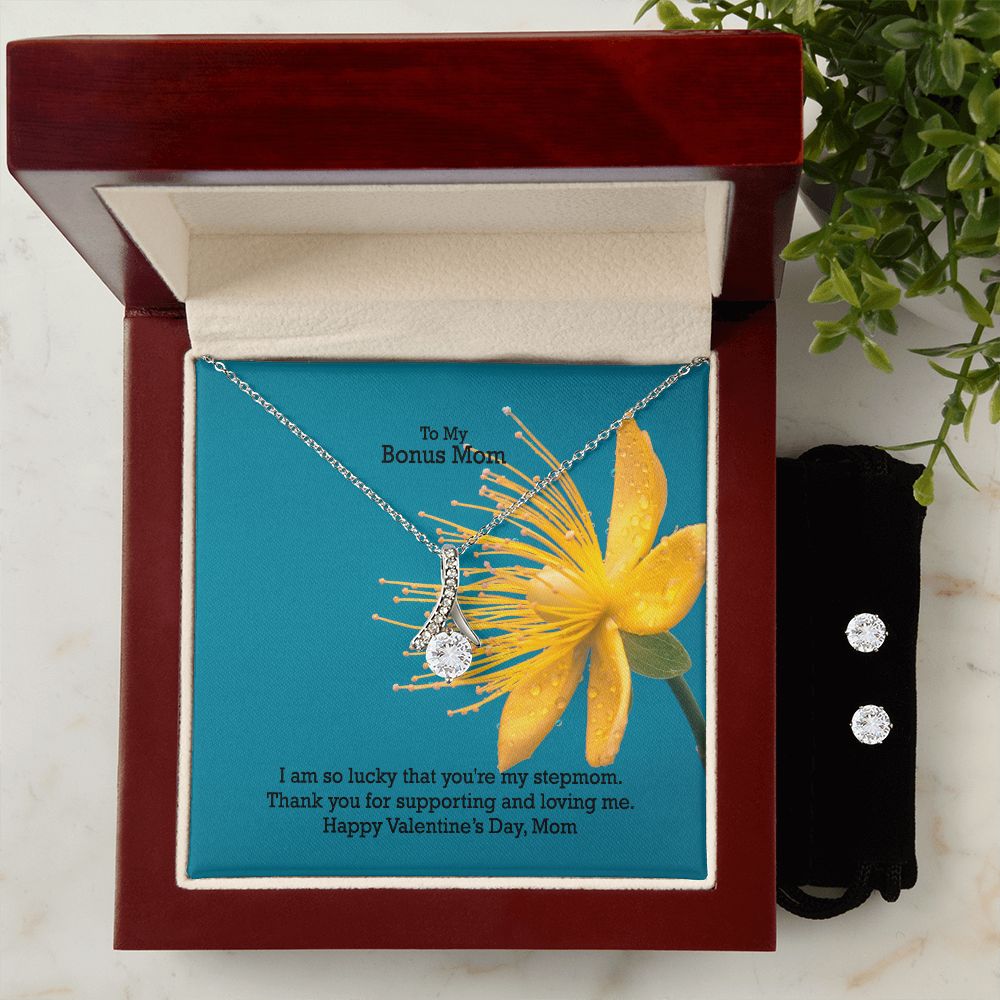 To My Bonus Mom, I Am So Lucky That You're My StepMom - Alluring Beauty Necklace & Clear CZ Earrings - Gift for Mom