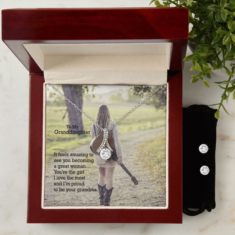To My Granddaughter, You're The Girl I Love The Most & I'm Proud To Be Your Grandma - Alluring Beauty Necklace & Clear CZ Earrings - Gift for Granddaughter