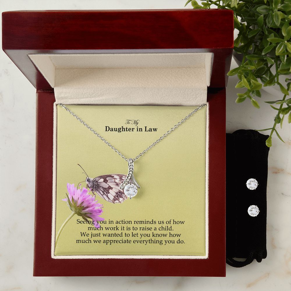 To My Daughter in Law, We Just Wanted To Let You Know How Much We Appreciate Everything You Do - Alluring Beauty Necklace & Clear CZ Earrings - Gift for Daughter in Law