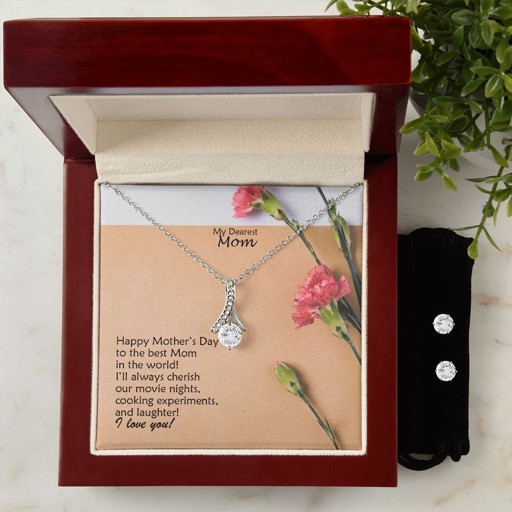 Happy Mother's Day To The Best Mom In The World! I Love You - Alluring Beauty Necklace & Clear CZ Earrings - Gift for Mom