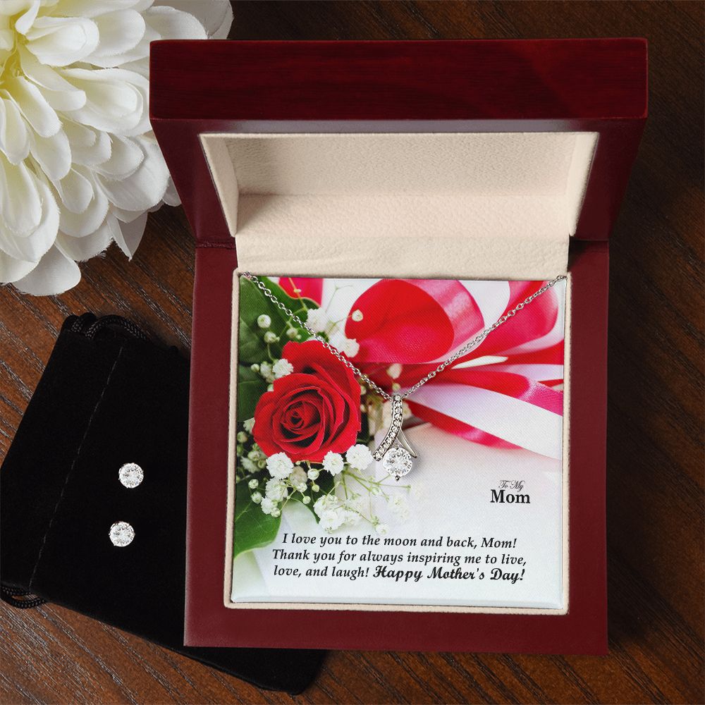 I Love You To The Moon & Back, Mom! Happy Mother's Day - Alluring Beauty Necklace & Clear CZ Earrings - Gift for Mom