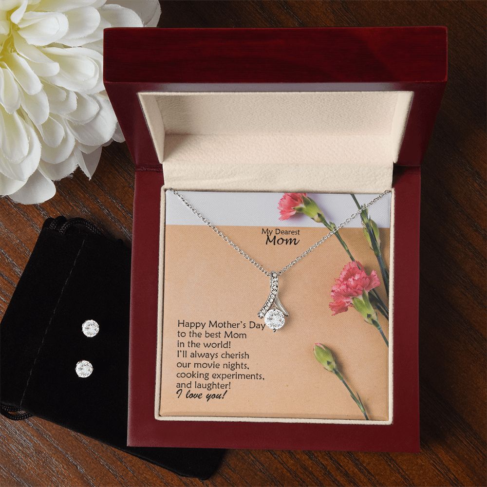Happy Mother's Day To The Best Mom In The World! I Love You - Alluring Beauty Necklace & Clear CZ Earrings - Gift for Mom