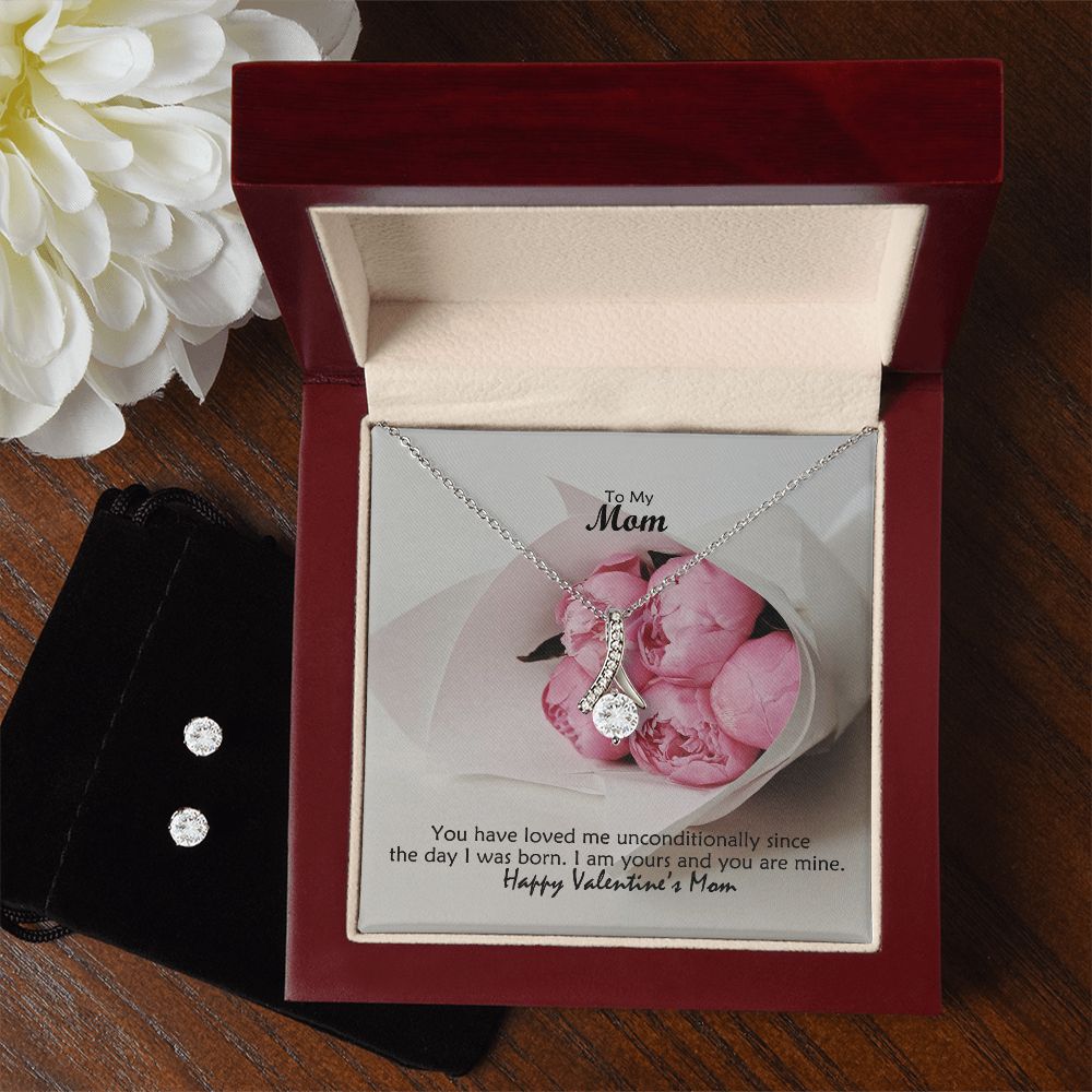 To My Mom, You Have Loved Me Unconditionally Since The Day I Was Born, Happy Valentine's Day - Alluring Beauty Necklace & Clear CZ Earrings - Gift for Mom