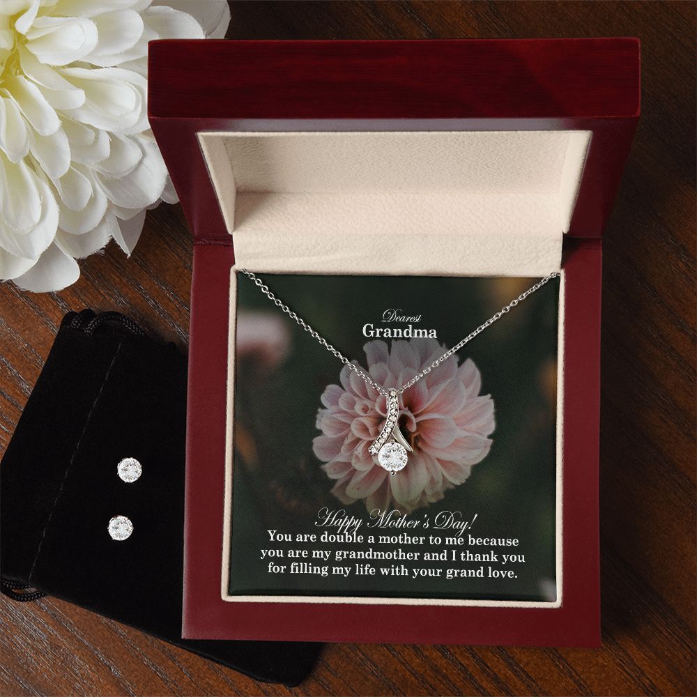 Happy Mother's Day - You Are Double A Mother To Me Because You Are My Grandmother & I Thank You - Alluring Beauty Necklace & Clear CZ Earrings - Gift for Grandma