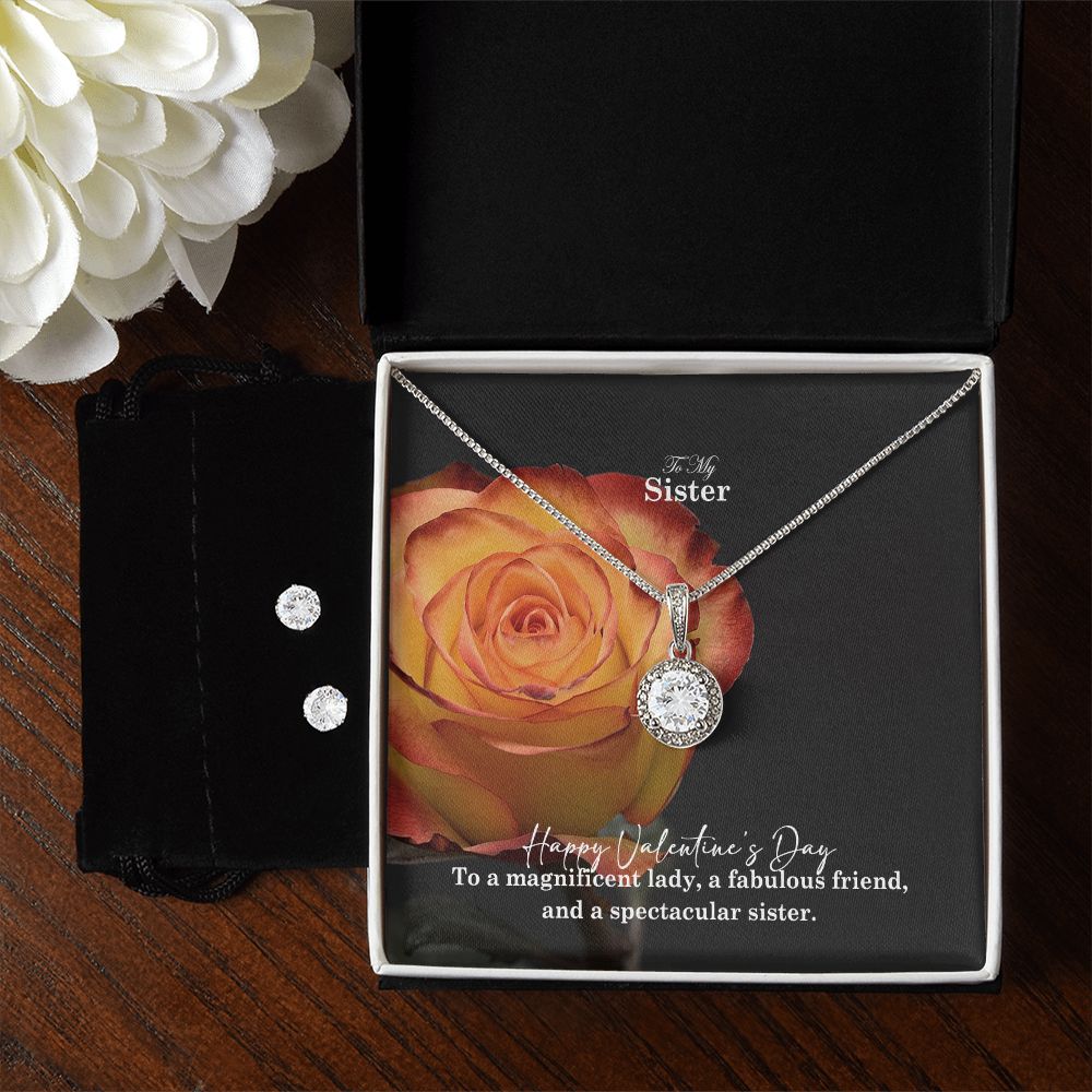 To My Sister, Happy Valentine's Day To A Magnificent Lady - Eternal Hope Necklace & Clear CZ Earrings - Gift for Sister