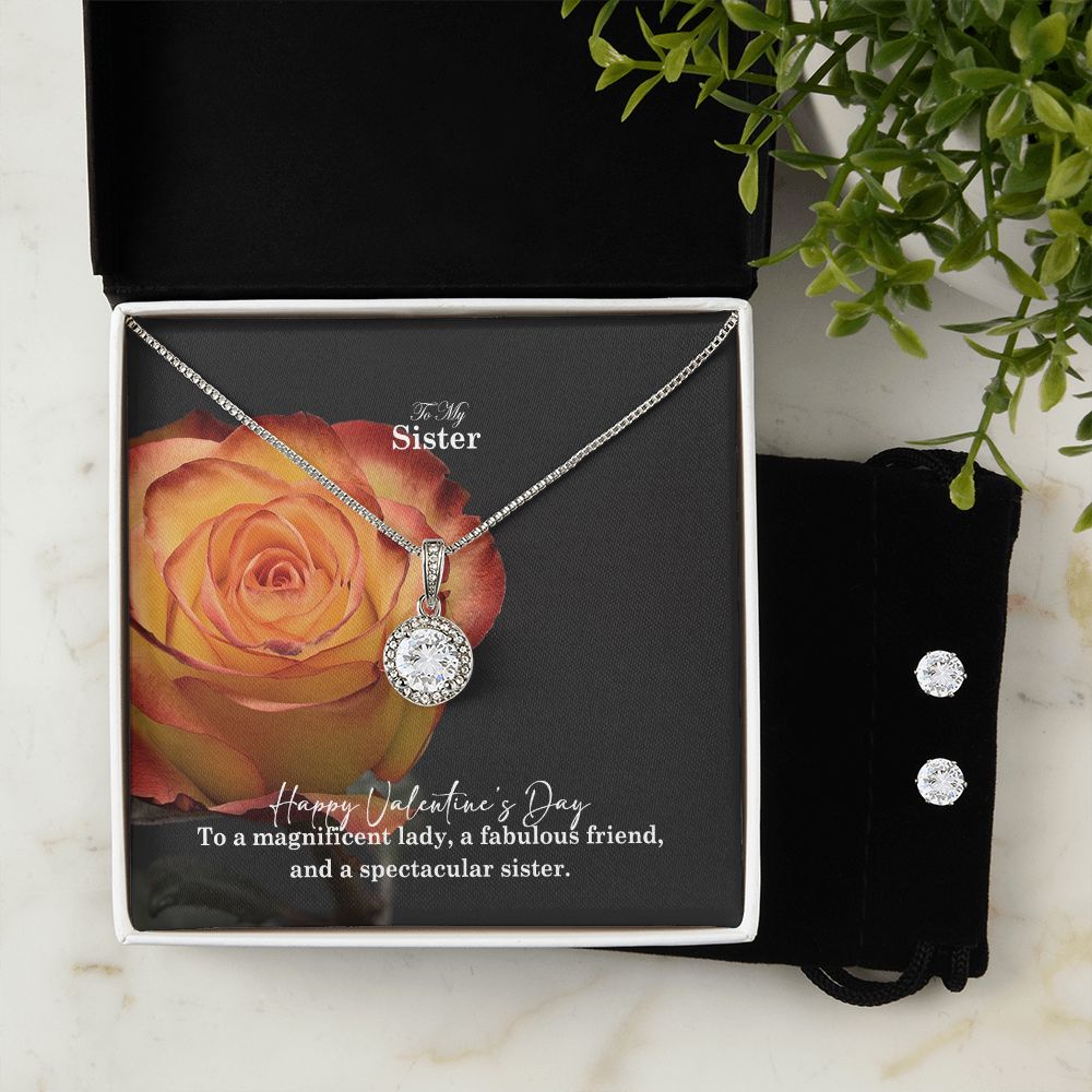 To My Sister, Happy Valentine's Day To A Magnificent Lady - Eternal Hope Necklace & Clear CZ Earrings - Gift for Sister