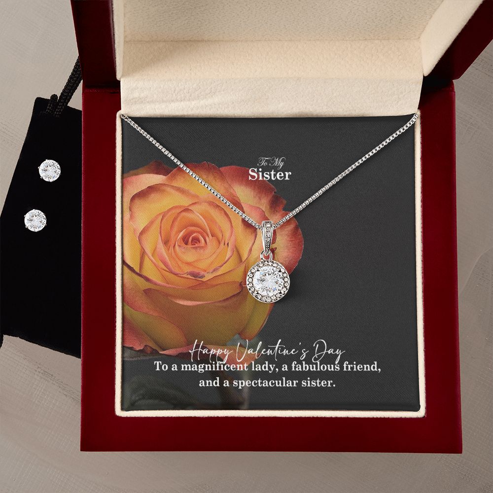 To My Sister, Happy Valentine's Day To A Magnificent Lady - Eternal Hope Necklace & Clear CZ Earrings - Gift for Sister