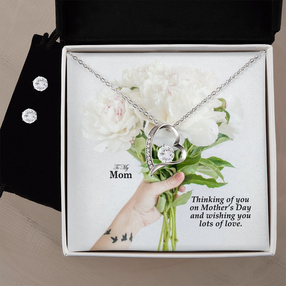 Thinking Of You On Mother's Day & Wishing You Lots Of Love - Forever Love Necklace & Clear CZ Earrings - Gift for Mom