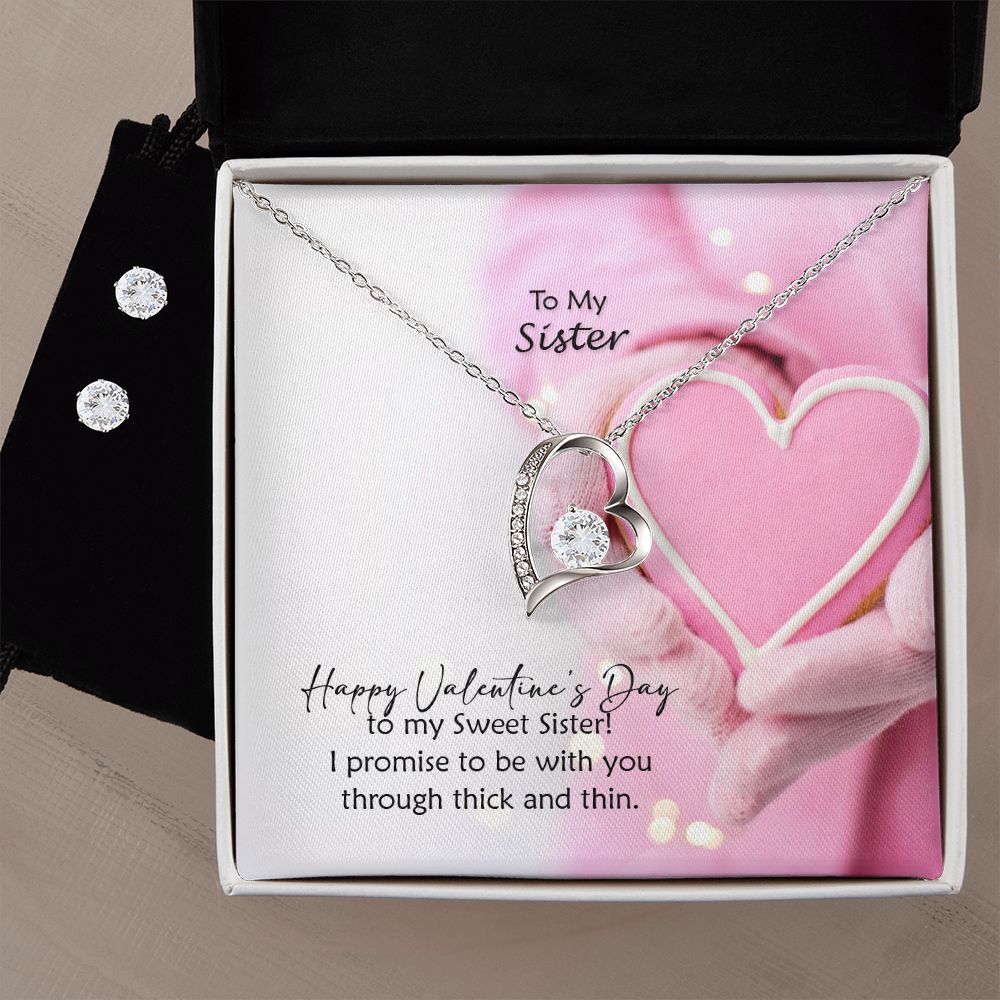 To My Sister, Happy Valentine's Day To My Sweet Sister - Forever Love Necklace & Clear CZ Earrings - Gift for Sister