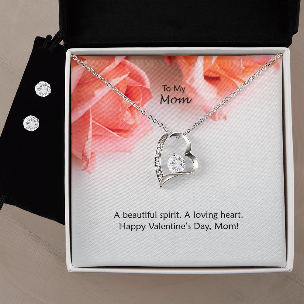To My Mom, A Beautiful Spirit, A Loving Heart - Forever Love Necklace & Clear CZ Earrings - Gift for Mom