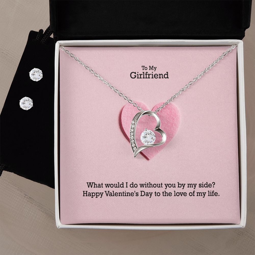 To My Girlfriend, Happy Valentine's To The Love Of My Life - Forever Love Necklace & Clear CZ Earrings - Gift for Girlfriend