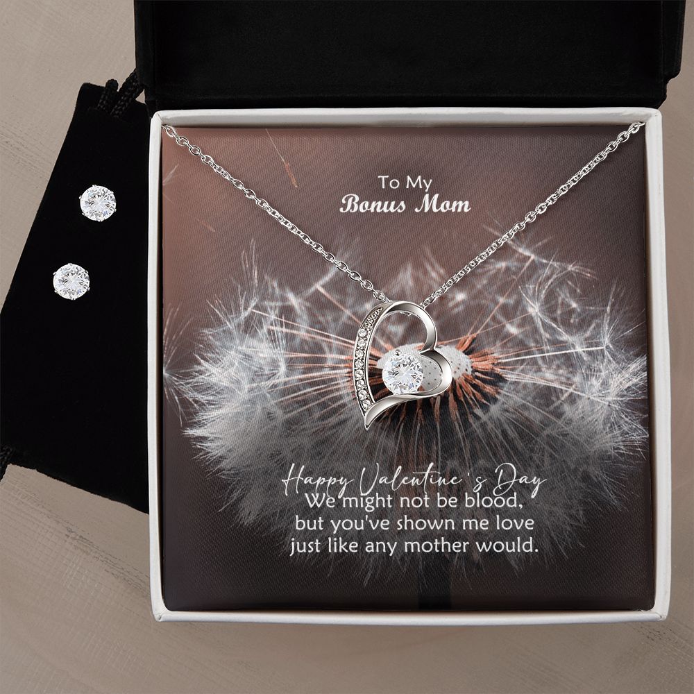 To My Bonus Mom, We Might Not Be Blood, But You've Shown Me Love - Forever Love Necklace & Clear CZ Earrings - Gift for Mom